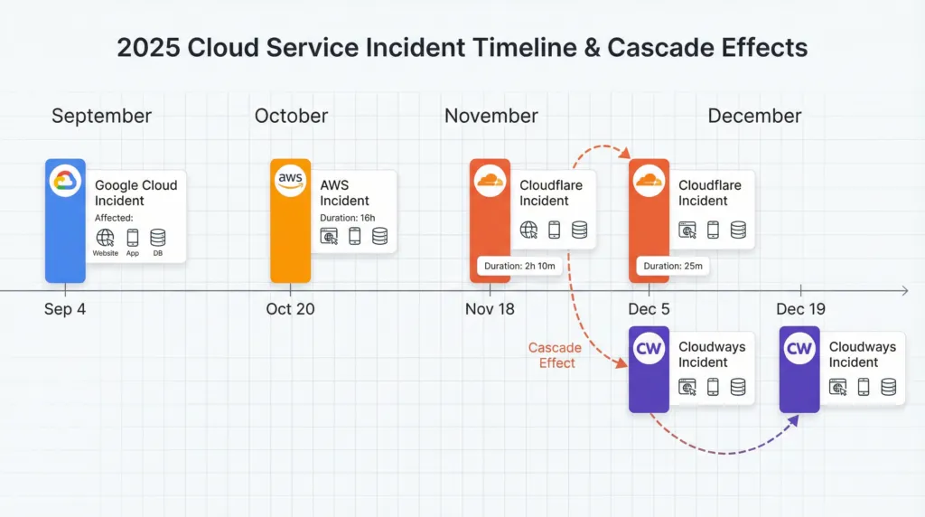 grafico timeline degli incidenti cloud del 2025, con i provider principali e le durate, evidenziando gli effetti a cascata