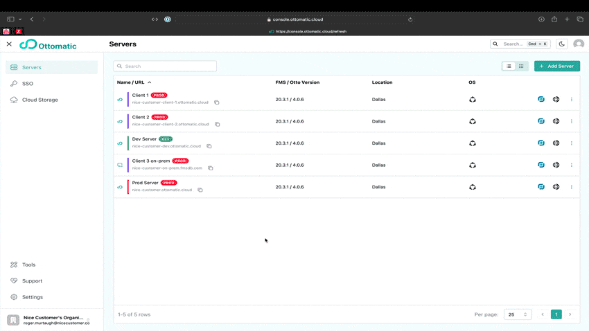 Ottomatic Cloud Console con l’elenco dei server