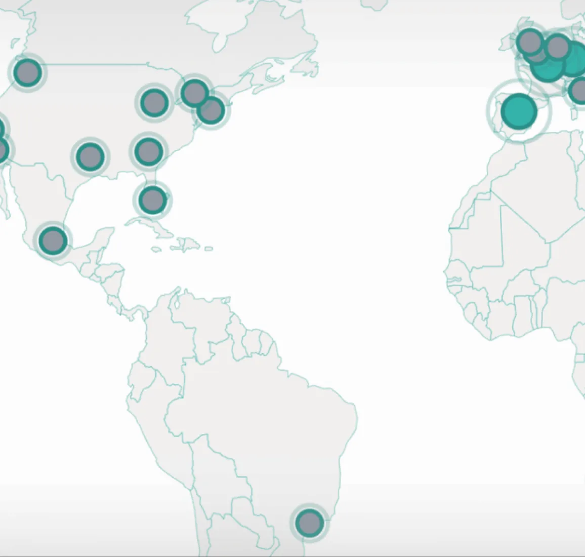 Mappa dei data center tra Nord America, Sud America ed Europa