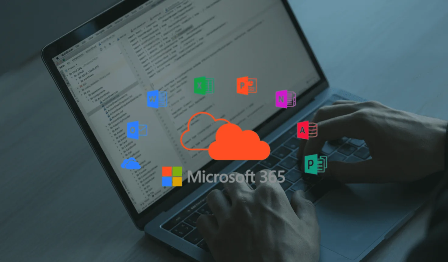 Mani su un portatile circondate dalle icone delle app di Microsoft 365